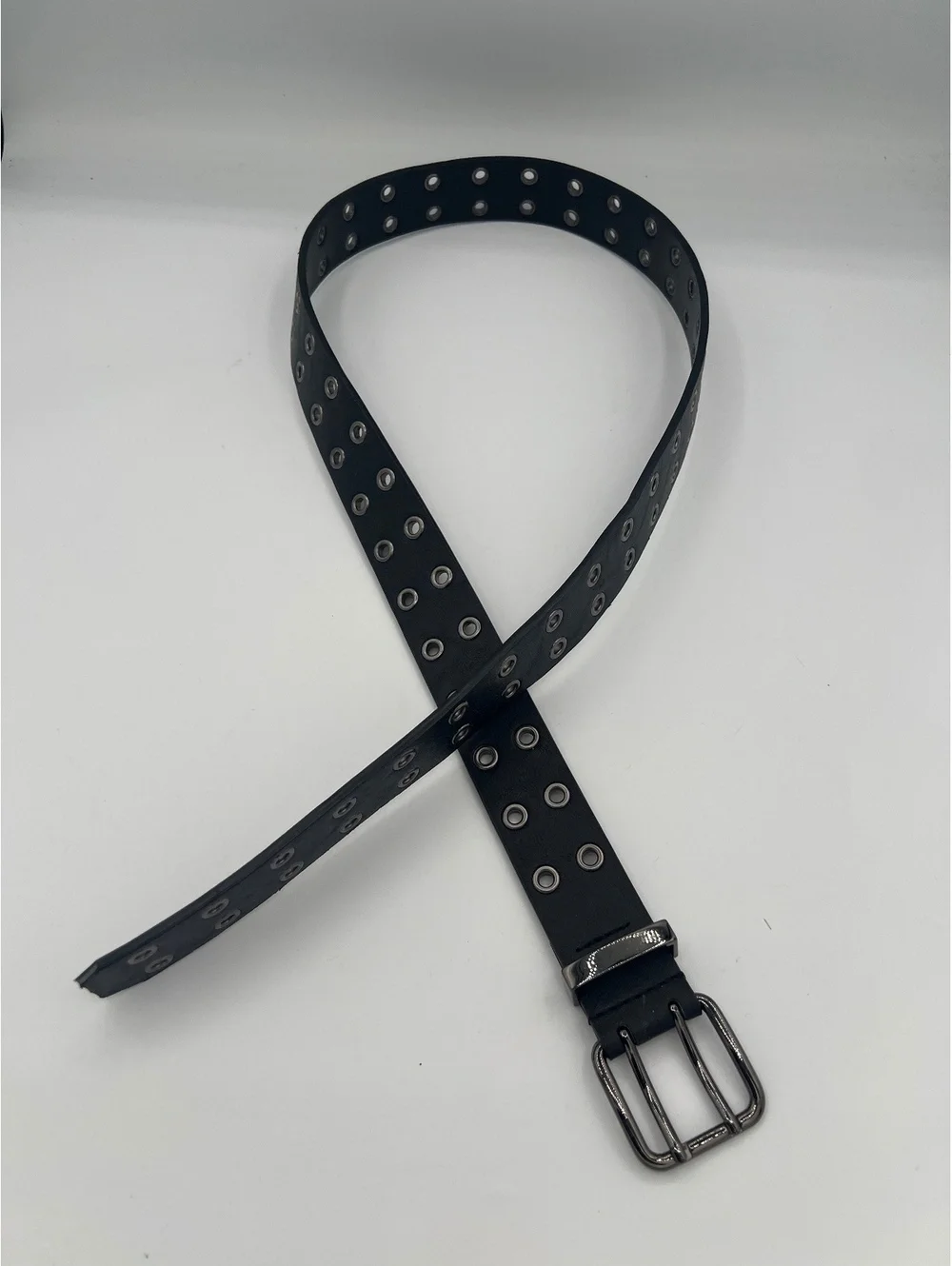 Black Double Prong Faux Leather Metal Eyelet Belt Size 38-40